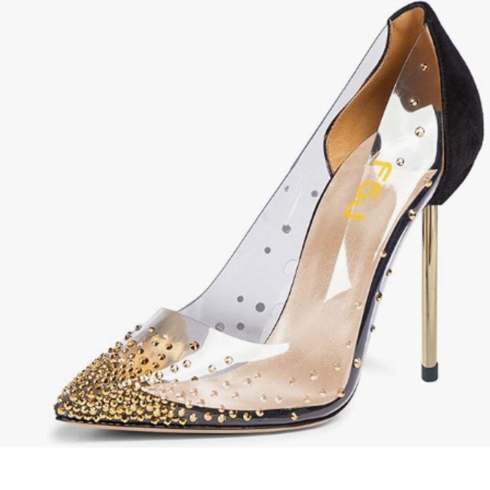 FSJ Gold Studded Pointed Toe Transparent Pumps High Heels Shoes